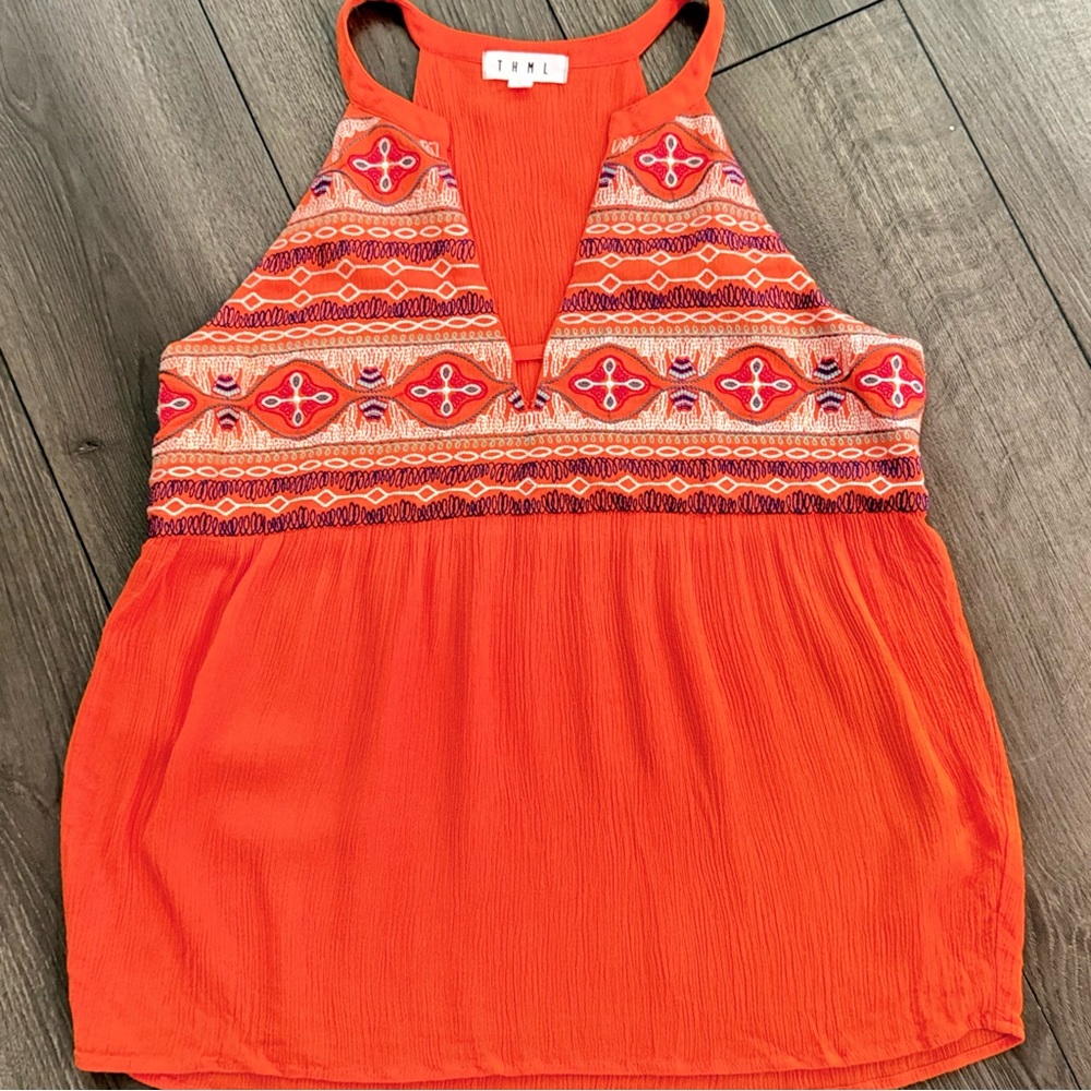🌻 THML Bright Orange Sleeveless Top with Embroidery Size Large